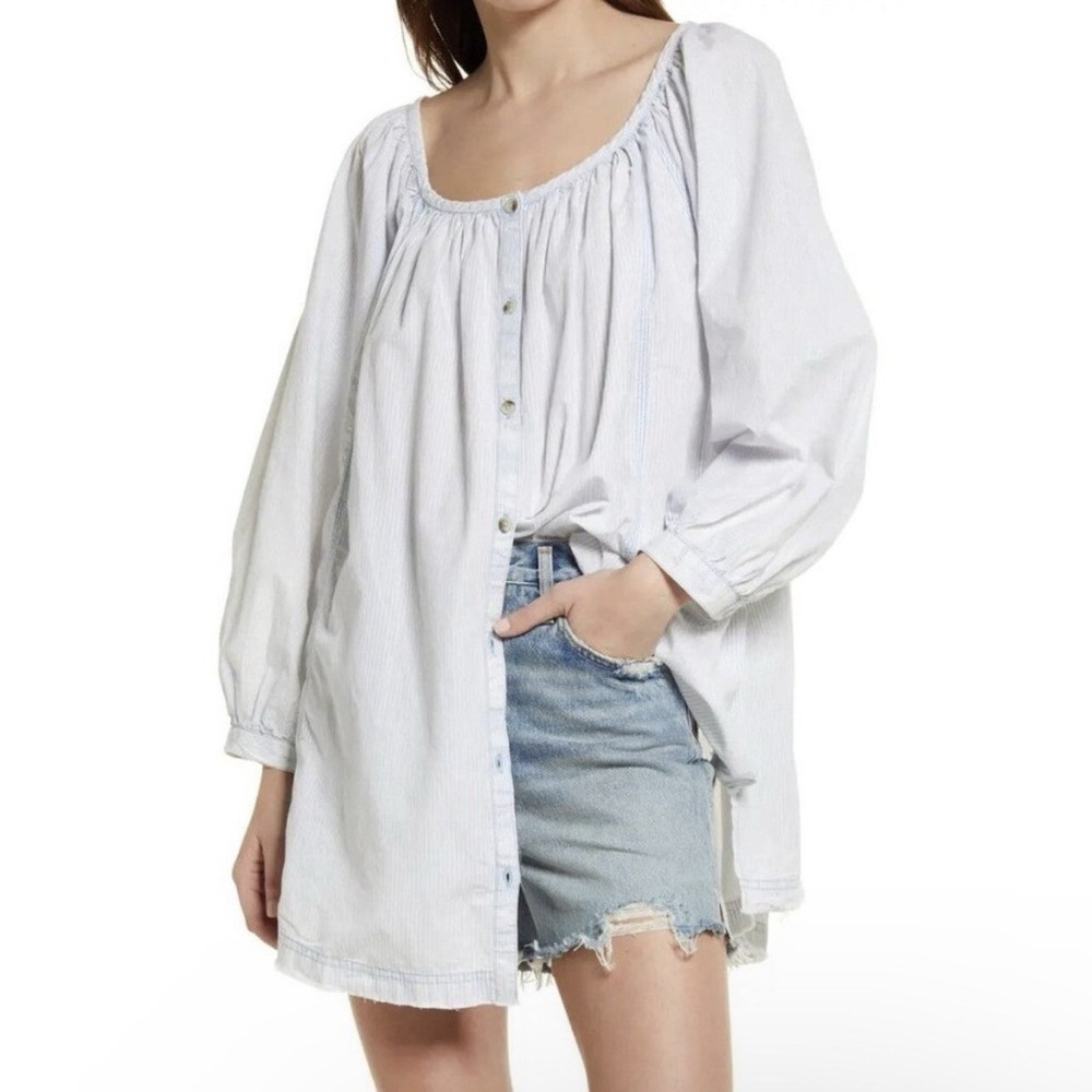 Free People We the Free Oxford Swing Tunic Oversize Stripe Light Blue Combo S